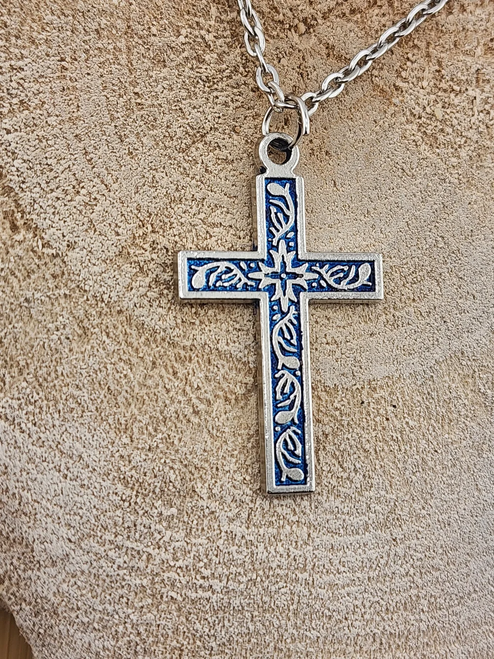 20in Silver Tone  Cross Pendant Necklace with Blue Enamel Inlay - 0544